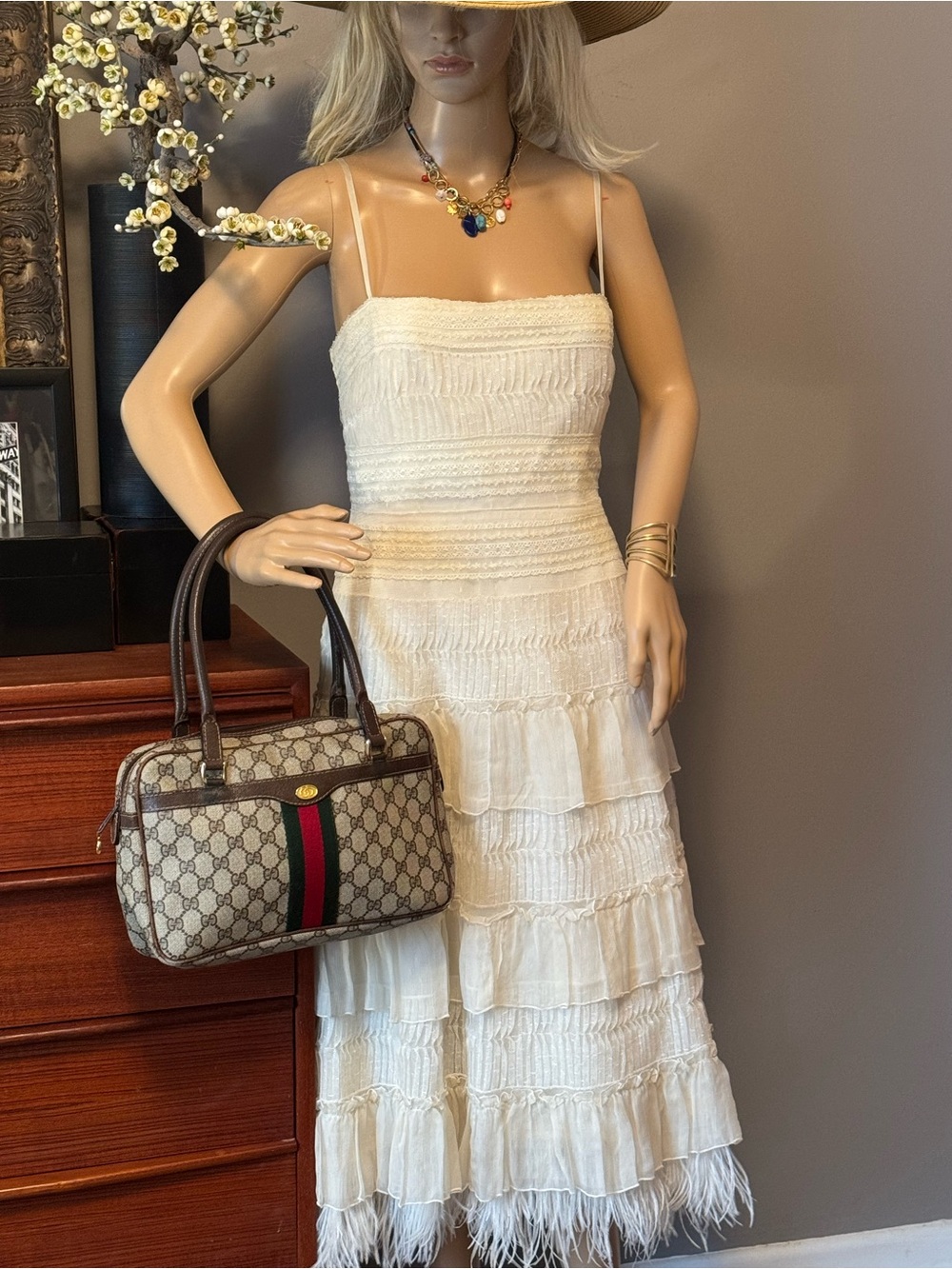 BCBGMaxAzria White Tiered Spaghetti-Strap Midi Dress